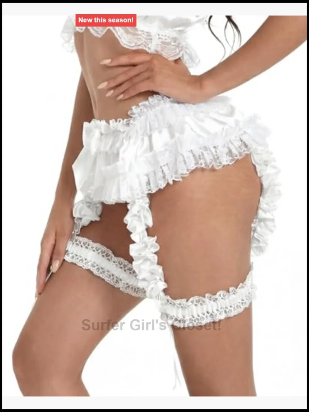 Satin Suspender Belt with Lace Trim & Ruffle Bow Garter